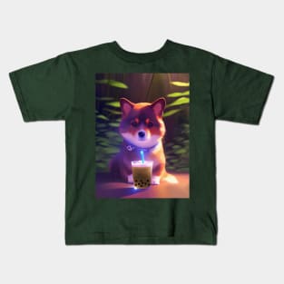 Cute corgi with boba bubble tea Kids T-Shirt